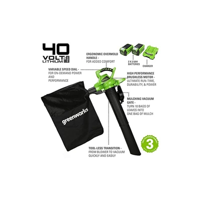 Greenworks Aspiratore Soffiatore Foglie a Batteria 2 in 1 GD40BVK2X, Li-Ion 40 V VelocitÃ Aria 280 km/h, Sacco 45 l, Controllo VelocitÃ Potente,