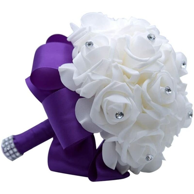 Bouquet da sposa Rose di cristallo PE da sposa Damigella d'onore Mano che tiene Bouquet di fiori finti artificiali Toss Bouquet, viola scuro