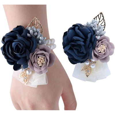 Langray - Pink Flower Corpetto, spilla da polso con fiore per la festa di matrimonio, set di 2 fiori, braccialetto da ballo, blu scuro
