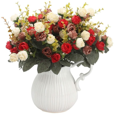 Langray - Bouquet artificiale con rose artificiali, 7 steli, 21 fiori, fiori di seta, ideale come decorazione 2 pezzi di caffè rosso