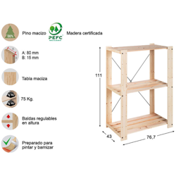 scaffale 3 ripiani in legno di pino massello, 76,7x43x111 cm en oferta