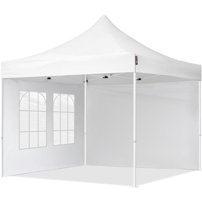 Gazebo Pieghevole Giardino 3x3m - 2 laterali (con finestre) Telo PES300 Poliestere 100% Impermeabile Padiglione Mercati Sagre bianco