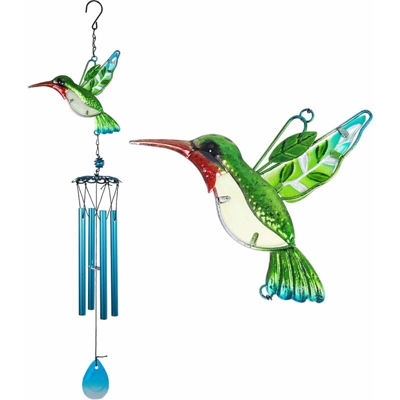 Campanello a vento con colibrì da 30 pollici per interni/esterni - Campanello a vento musicale in metallo fatto a mano con 4 tubi in alluminio blu