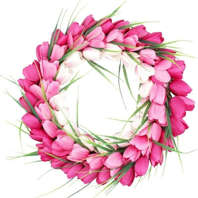 Ghirlanda per Porta, Fiori Artificiali Corona di Tulipani - Decorazione Quattro Stagioni per Porta d'Ingresso con Tulipano e Foglie Verdi, per Porta
