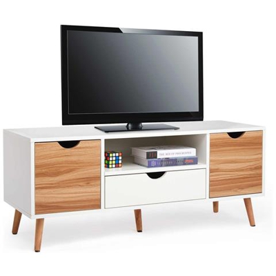 Mobile Porta Tv, Mobiletto Tv, Con Apertura Per Cavi, gambe In Legno Vero, Stile Moderno E Minimalista, Di Legno, L110 X P40 X H 45 Cm, Bianco E Rovere