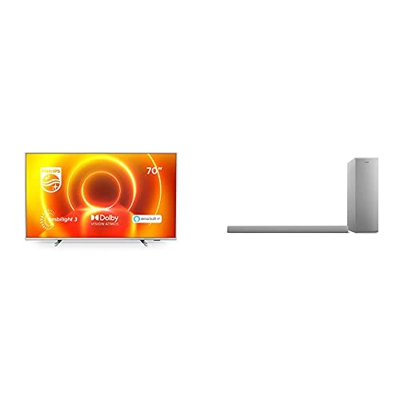 Philips Tv Ambilight 70Pus7855/12-70%22 4K Uhd Tv Led Argento Chiaro - Modello 2020/2021 & Audio B6405/10 Soundbar Altoparlante Bluetooth Con Subwoofe