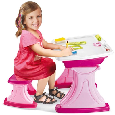 Banco Scuola Scrivania Rosa + Sedia Piano Ribaltabile Con Vano Porta Oggetti