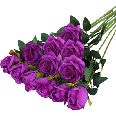 12 pezzi di rose rosse artificiali fiori di seta realistiche in fiore rose bouquet da sposa stelo lungo per la casa decorazione di nozze festa viola