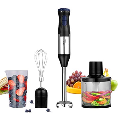 Plasaig 4 in 1 Frullatore a immersione con piede rimovibile, 2 lame ad alta efficienza, ergonomico, misurino, accessorio tritatutto, frusta emulsionan