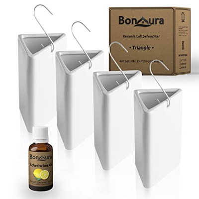 BonAura® TRIANGEL - Set di 4 umidificatori per termosifoni in ceramica, con gancio, evaporatore triangolare da appendere, 4 x 200 ml