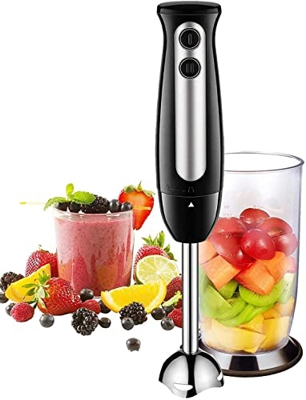 Frullatore ad immersione, 400W Minipimer cupola con 2 lame e paraspruzzi, Gambo staccabile in acciaio inox, , becher senza BPA da 700 ml, Acciaio Inox