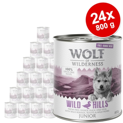 Wolf of Wilderness "Carne allevata all'aperto" Junior 24 x 800 g Umido cani - Wild Hills - Anatra & Vitello allevati all'aperto