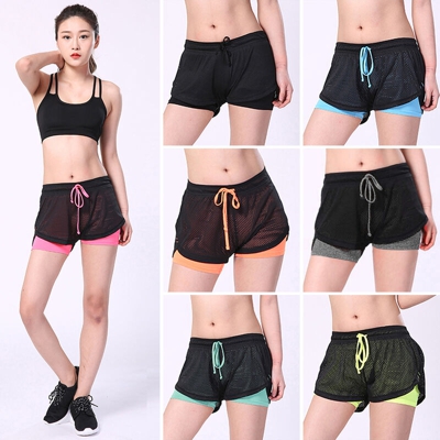 Women 2-in-1 Sport Shorts Breathable Quick-Drying Elastic High Waist Drawstring Running Gym Yoga Shorts,Tipo Grande, Lago blu - Tipo Grande, Lago blu