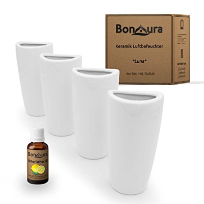 BonAura® LUNA - Set di 4 umidificatori per termosifoni in ceramica, con gancio, evaporatore quadrato da appendere - incluso olio di agrumi - 4 x 350 m