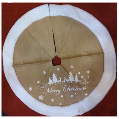 Copri base albero di Natale in juta con scritta Merry Christmas e bordo in pelliccia bianco 90cm