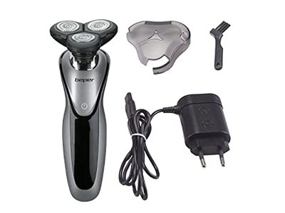 BEPER P304BAR001 Rasoio Elettrico Ricaricabile,3 Testine Acciaio Inossidabile, Corpo lame apribile, Grado protezione all'acqua IPX6, Incluso Adattator