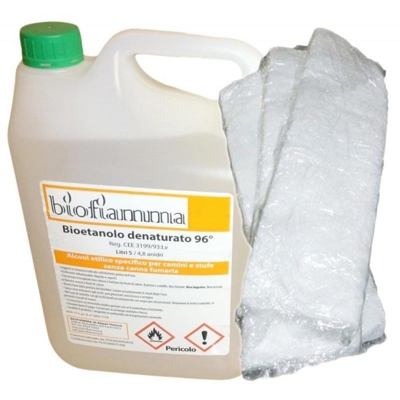 Biocamino Kit con 5 lt Bioetanolo Italiano Biofiamma e 3 Lane di Vetro