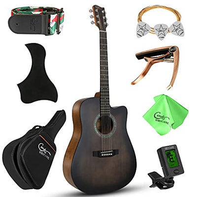 Hricane Chitarra Cutaway 4/4 per principianti, adulti, con custodia per chitarra acustica, accordatore, tracolla, capotasto per chitarra, plettri per 