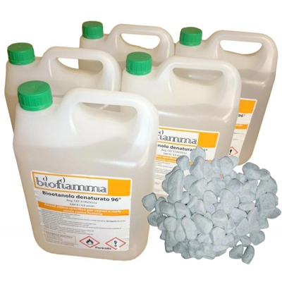 Kit per Biocamino 25 lt bioetanolo Made in Italy con pIetre DEcorative Bianche