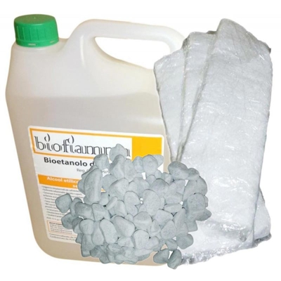 Biocamino Kit con 5 lt Bioetanolo Biofiamma + 3 Lane di Vetro + Pietre Decorative Bianche