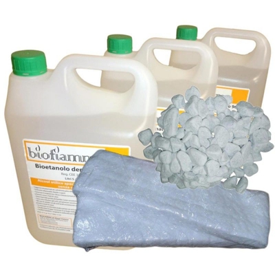 Kit Biocamini con 3 Taniche 5 lt Bioetanolo Italiano + 2 Fibre Ceramiche + Pietre Bianche