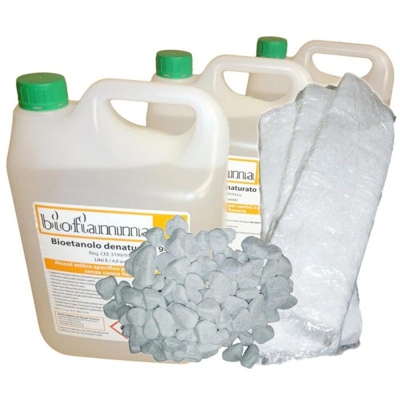 Accessori Biocamino 15 lt Bioetanolo Italiano + 3 Fibre Ceramiche + Pietre Bianche