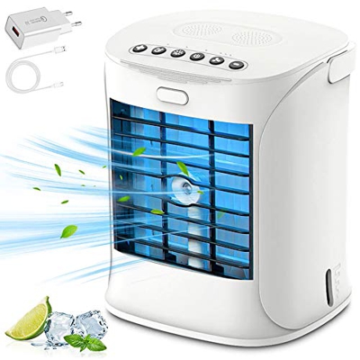 Condizionatore portatile 2021, mini refrigeratore d'aria, 500 ml, silenzioso, 3 velocità, luce LED 7 colori, con adattatore QC3.0 e cavo USB da 1,5 m