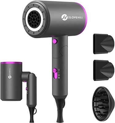 Asciugacapelli, Slopehill Phon da Viaggio Professionali, Asciugacapelli Ioni e Ceramica, 1800W, Manico Pieghevole, 3 temperature/2 velocità/ 3 Ugello 