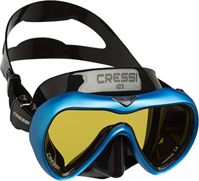 Cressi A1 Mask Lens Antifog, Maschera per Immersioni e Apnea a Vetro Unico Anti Fog Unisex Adulto, Nero/Blu/Lente Gialla, Taglia Unica