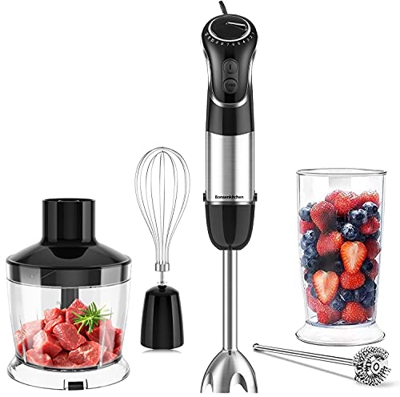 Bonsenkitchen Frullatore ad Immersione , Frullatore Frusta Acciaio Inossidabile 5 in 1 con 12 velocità regolabili, tritatutto da 500 ml, misurino da 6