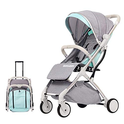 SONARIN Passeggino Leggero,Struttura Bianca, Passeggino Compatto,Pieghevole con una mano,imbragatura a cinque punti,ideale per aeroplano,con accessori