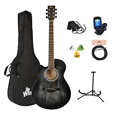 Winzz Chitarra Acustica Mancina per Principianti Adulti, Chitarra folk in Acciaio per Mancini (Nera, 40 Pollici)