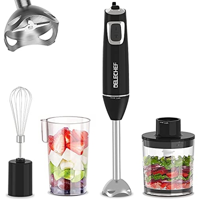 DELECHEF Frullatore a Immersione, Mixer Cucina 4 in 1 Frullatore Multifunzione Elettrico, 600W Minipimer Mixer ad Immersione, Inossidabile con 500 ml 