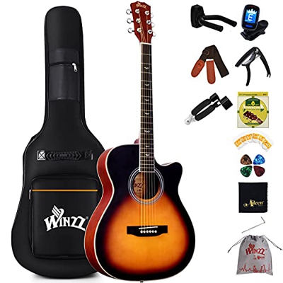 Winzz - Chitarra Acustica Per Principianti, Per Adulti e Bambini, Sunburst Folk Guitar Starter Pack Cutaway (40 Pollici, Opaco)