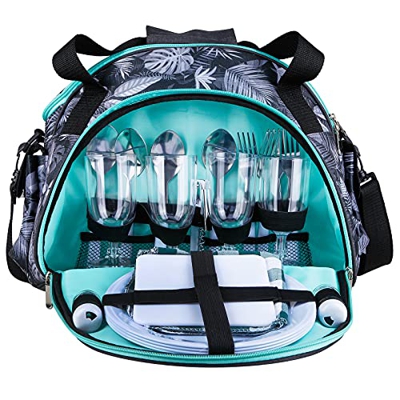 Borsa da Picnic per 4 Persone, 15L Borsa Tracolla da Picnic con Set di Stoviglie, Set Attrezzatura Picnic con Tracolla Imbottita, Borsa Termica Picnic