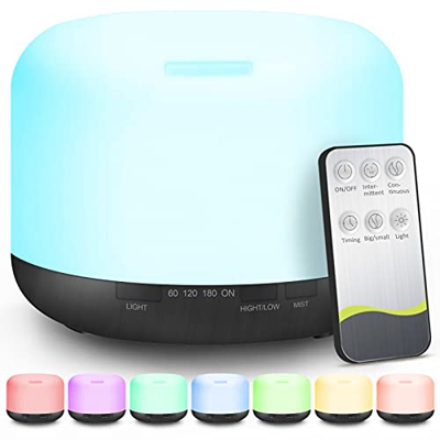Diffusore Di Aromi, Umidificatore Ad Ultrasuoni Da 500 ML per Aromaterapia con Timer, Diffusore Di Aromi Telecomandato con Spegnimento Automatico e Lu