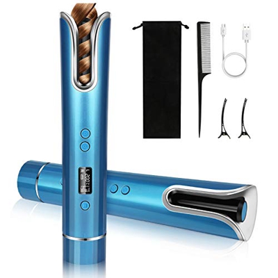 Ferro arricciacapelli automatico per capelli senza fili, portatile, ricaricabile, intelligente con indicatore della temperatura LCD e timer, avvolgito