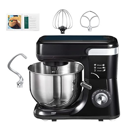 Impastatrice Planetaria, 5.5L Robot da Cucina con Ciotola in Acciaio Inossidabile, Coperchio Anti Schizzo, Senza BPA