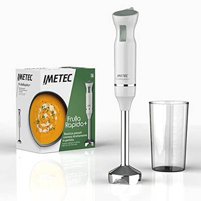 Imetec FrullaRapido+, Frullatore a Immersione, Gambo XL in Acciaio, Lame in Acciaio Inox, Funzionamento a Impulsi, Bicchiere graduato da 700 ml BPA Fr