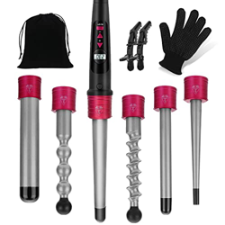 Ferro Arricciacapelli 6 in 1,Riscaldamento Rapido 30s,Arricciacapelli in Ceramica,Temperatura Regolabile,Ferri di Diverso Diametro,con Guanti e Clip,A precio