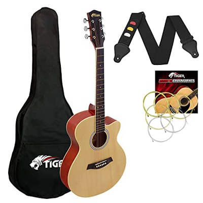 TIGER Chitarra acustica 3/4 con corpo piccolo con corde in acciaio per bambini dai 9 anni in su con borsa, tracolla, corde di ricambio e plettri - Nat
