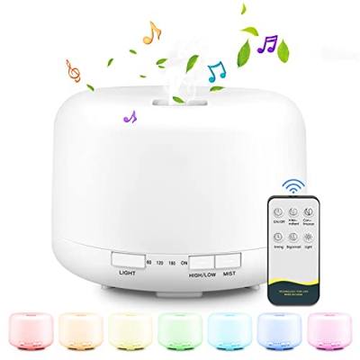 CEVILLAE 4 in 1 Diffusore di Oli Essenziali con Audio Bluetooth, Umidificatore Ambiente, Aromi per Diffusori, 14 Colori Luce Notturna, 500ml, Tempismo