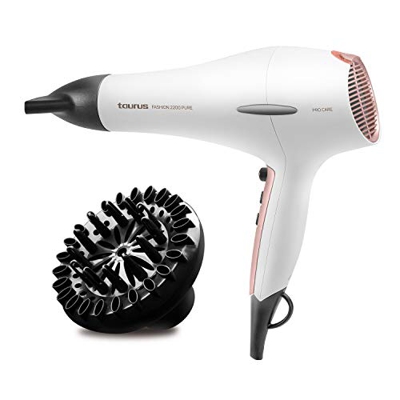 Taurus Fashion 2200 pure - Asciugacapelli 220W, 2 velocità, 3 temperature, pulsante aria fredda, motore AC, concentratore e diffusore, bianco