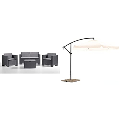 BICA 9017.4 Set Salottino Colorado 4 Posti, Antracite & My_Garden Luna Ombrellone, 3 Metri di Diametro, Ecrù