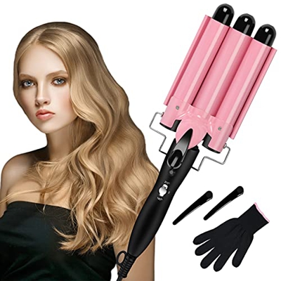 Ferro ondulato, ferro arricciacapelli a 3 botti con due impostazioni di temperatura, ferro ondulato per capelli con guanto resistente al calore, arric