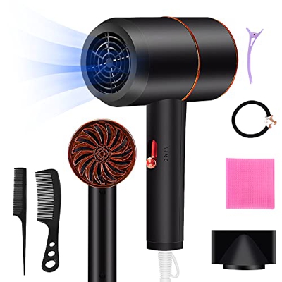 Asciugacapelli ionico, asciugacapelli professionale da 1800 W (con potente motore a corrente alternata), 3 impostazioni di riscaldamento/2 velocità/fr