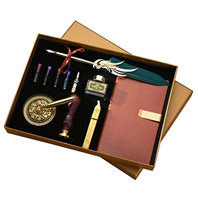 XUBX Set di penne per calligrafia, penna stilografica, penna d'oca e set di inchiostro, 1 pennino di ricambio, 1 bastoncino di sigillo di cera, 1 base