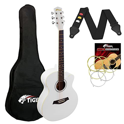 TIGER Chitarra acustica 3/4 con corpo piccolo con corde in acciaio per bambini dai 9 anni in su con borsa, tracolla, corde di ricambio e plettri - Bia