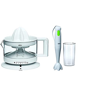 Braun Cj 3000 Spremiagrumi, 20 W, 0.35 Litri, Plastica, Bianco & Mq100 Soup Multiquick 1 Minipimer Mixer Ad Immersione, Frullatore Con Bicchiere 600 M