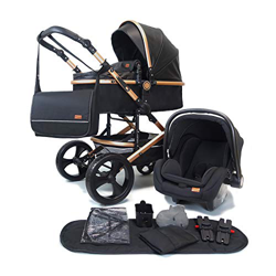 Pixini Kalani - Passeggino combinato 3 in 1, con navicella e navicella e navicella, borsa fasciatoio, protezione antipioggia, colore: oro/nero precio